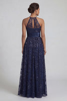 Load image into Gallery viewer, Floral Long Sparkly Sequin Navy A Line Mother of the Bride Dress with Slit
