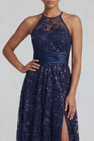 Load image into Gallery viewer, Floral Long Sparkly Sequin Navy A Line Mother of the Bride Dress with Slit