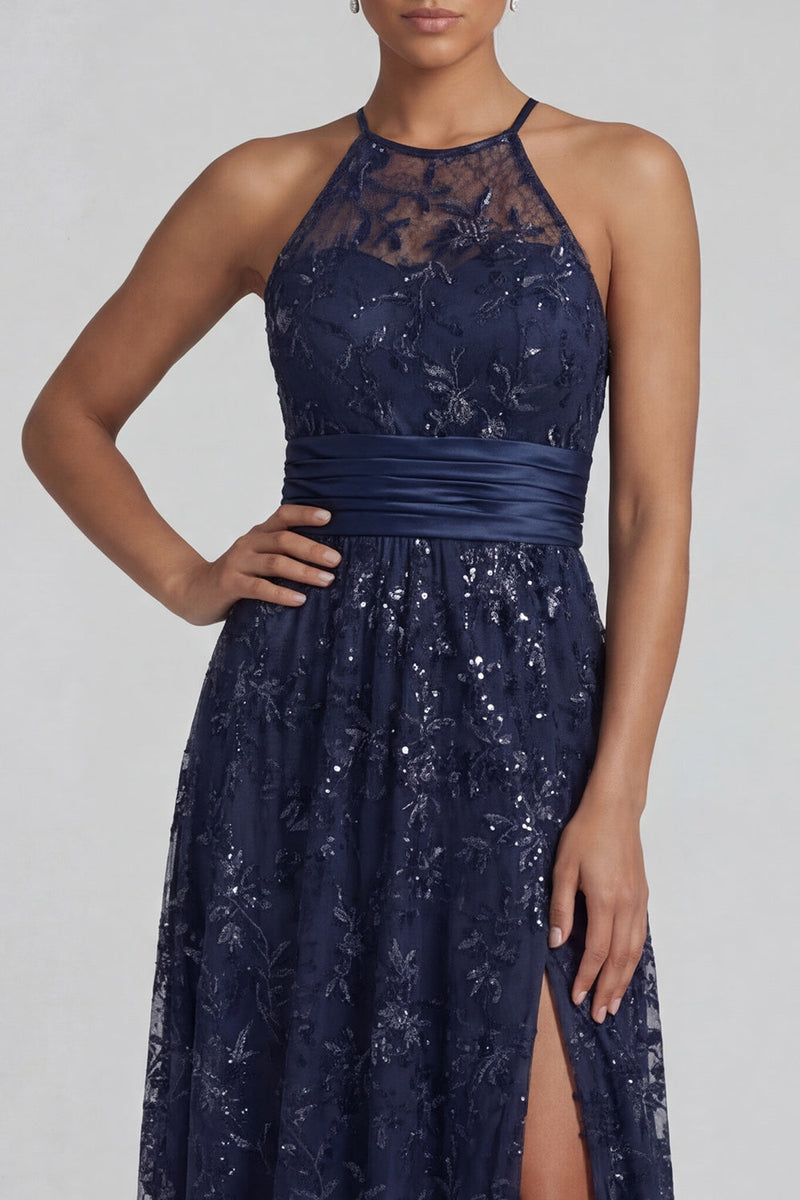 Load image into Gallery viewer, Floral Long Sparkly Sequin Navy A Line Mother of the Bride Dress with Slit
