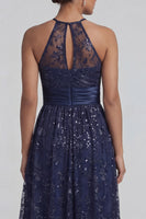Load image into Gallery viewer, Floral Long Sparkly Sequin Navy A Line Mother of the Bride Dress with Slit