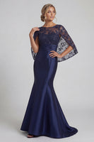 Load image into Gallery viewer, Floral Long Sparkly Sequin Navy Mermaid Evening Dress with Cape