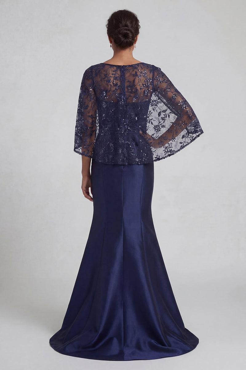 Load image into Gallery viewer, Floral Long Sparkly Sequin Navy Mermaid Evening Dress with Cape
