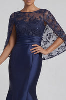 Load image into Gallery viewer, Floral Long Sparkly Sequin Navy Mermaid Evening Dress with Cape