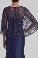 Load image into Gallery viewer, Floral Long Sparkly Sequin Navy Mermaid Evening Dress with Cape