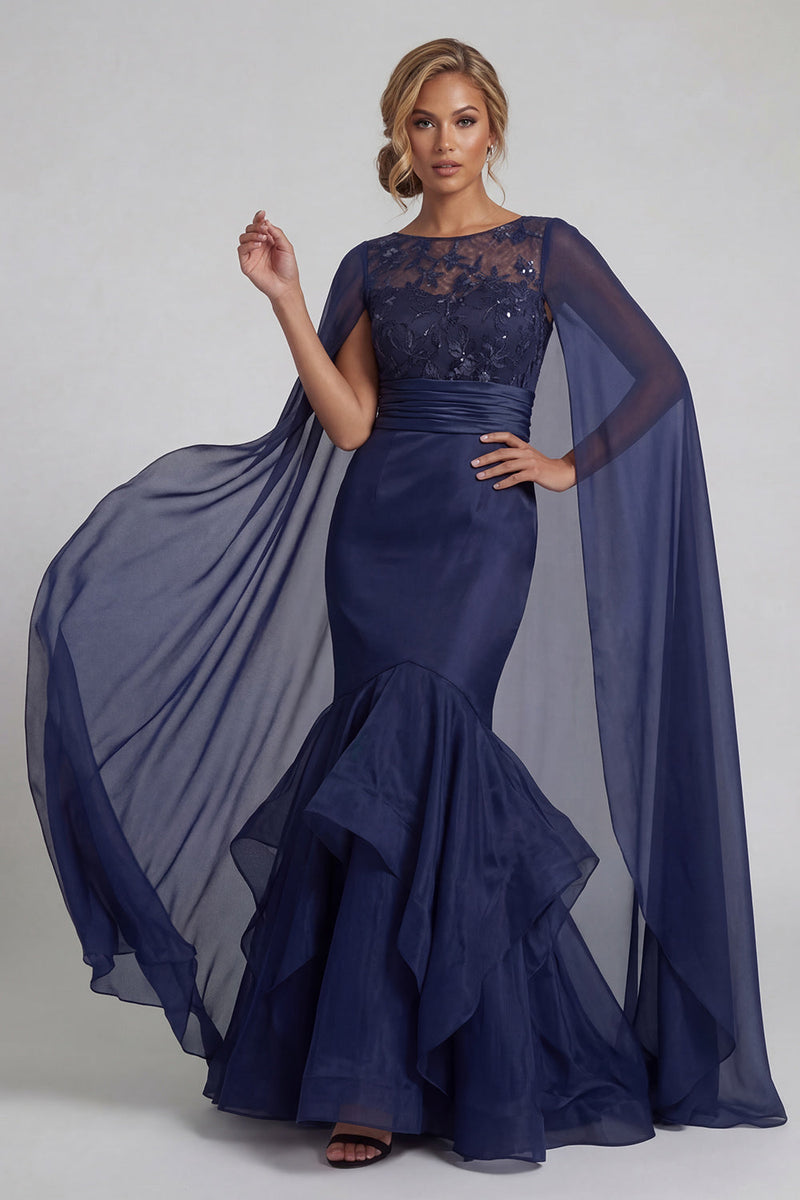 Load image into Gallery viewer, Floral Mermaid Long Navy Mother of the Bride Dress with Ruffles