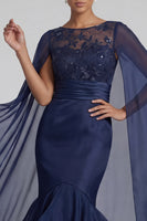 Load image into Gallery viewer, Floral Mermaid Long Navy Mother of the Bride Dress with Ruffles