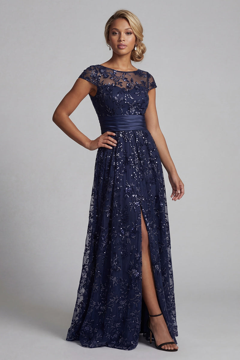 Load image into Gallery viewer, Sparkly Navy Sequin Floral A Line Long Mother of the Bride Dress with Pockets