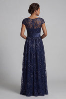 Load image into Gallery viewer, Sparkly Navy Sequin Floral A Line Long Mother of the Bride Dress with Pockets