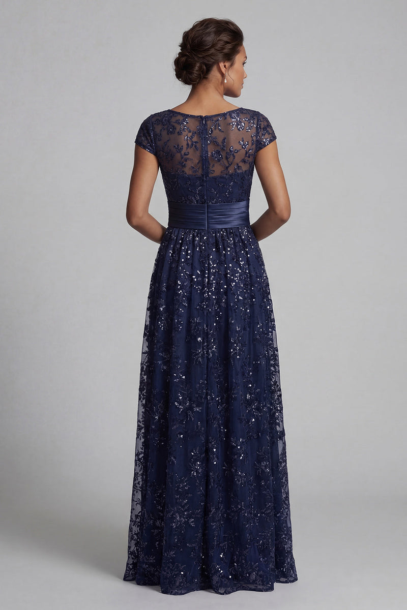 Load image into Gallery viewer, Sparkly Navy Sequin Floral A Line Long Mother of the Bride Dress with Pockets
