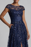 Load image into Gallery viewer, Sparkly Navy Sequin Floral A Line Long Mother of the Bride Dress with Pockets