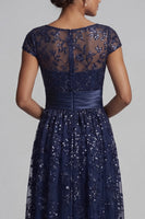 Load image into Gallery viewer, Sparkly Navy Sequin Floral A Line Long Mother of the Bride Dress with Pockets