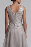 Load image into Gallery viewer, Sparkly A Line Long Scoop Light Grey Lace Mother of the Bride Dress with Jacket