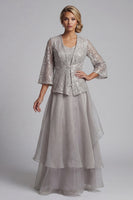 Load image into Gallery viewer, Sparkly A Line Long Scoop Light Grey Lace Mother of the Bride Dress with Jacket