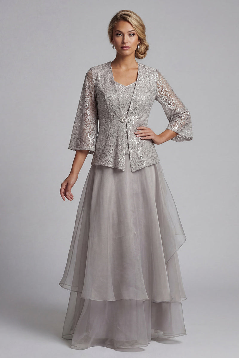Load image into Gallery viewer, Sparkly A Line Long Scoop Light Grey Lace Mother of the Bride Dress with Jacket