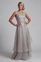 Load image into Gallery viewer, Sparkly A Line Long Scoop Light Grey Lace Mother of the Bride Dress with Jacket