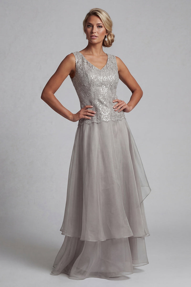 Load image into Gallery viewer, Sparkly A Line Long Scoop Light Grey Lace Mother of the Bride Dress with Jacket