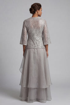 Sparkly A Line Long Scoop Light Grey Lace Mother of the Bride Dress with Jacket