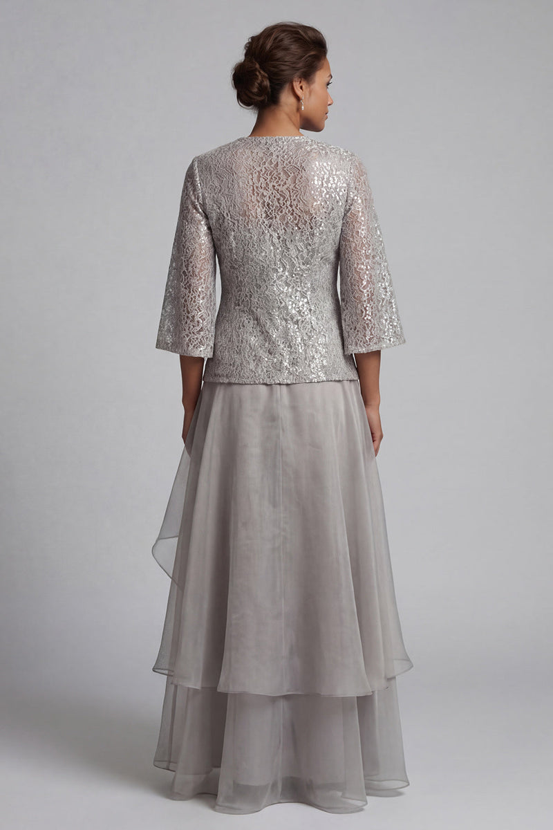 Load image into Gallery viewer, Sparkly A Line Long Scoop Light Grey Lace Mother of the Bride Dress with Jacket