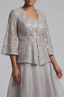Load image into Gallery viewer, Sparkly A Line Long Scoop Light Grey Lace Mother of the Bride Dress with Jacket