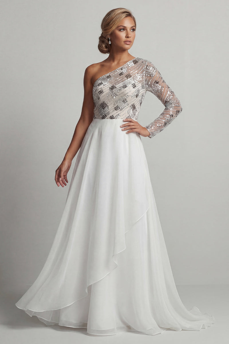Load image into Gallery viewer, Sparkly White Sequin A Line Long Mother of the Bride Dress with Ruffles