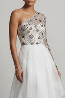 Load image into Gallery viewer, Sparkly White Sequin A Line Long Mother of the Bride Dress with Ruffles