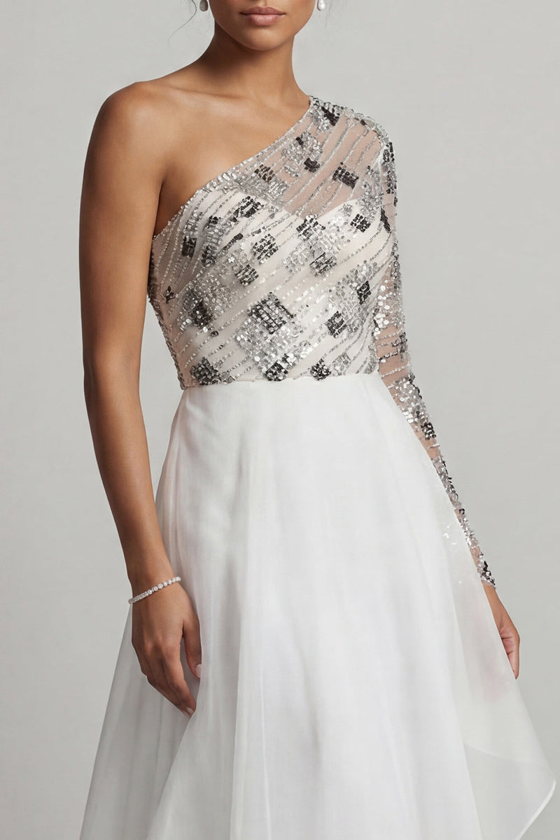 Load image into Gallery viewer, Sparkly White Sequin A Line Long Mother of the Bride Dress with Ruffles