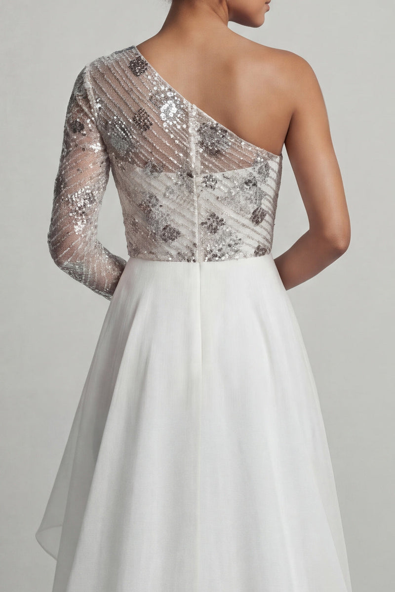 Load image into Gallery viewer, Sparkly White Sequin A Line Long Mother of the Bride Dress with Ruffles