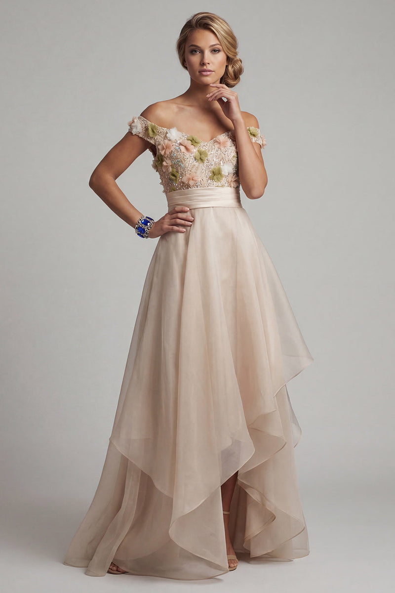 Load image into Gallery viewer, Apricot Asymmetrical Floral A Line Mother of the Bride Dress with Ruffles