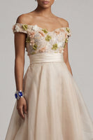 Load image into Gallery viewer, Apricot Asymmetrical Floral A Line Mother of the Bride Dress with Ruffles