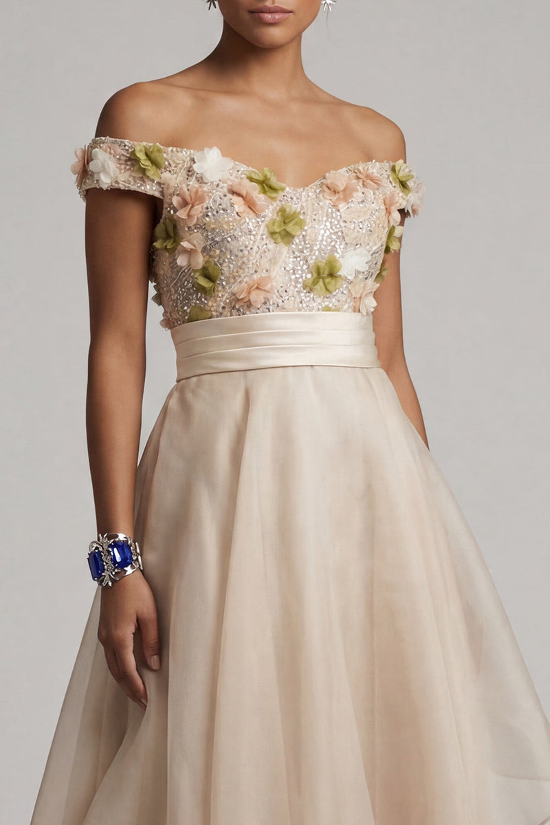 Load image into Gallery viewer, Apricot Asymmetrical Floral A Line Mother of the Bride Dress with Ruffles