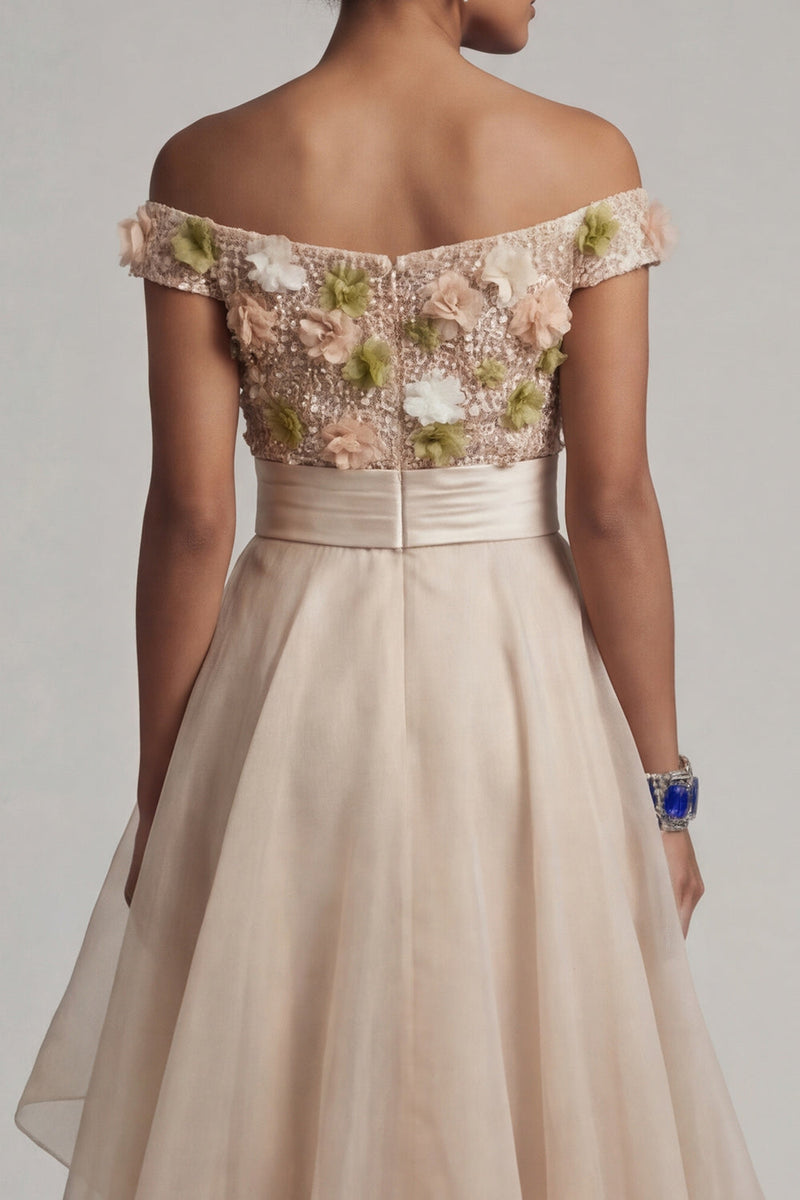 Load image into Gallery viewer, Apricot Asymmetrical Floral A Line Mother of the Bride Dress with Ruffles