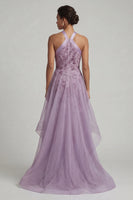 Load image into Gallery viewer, Floral Purple Long A Line Mother of the Bride Dress with Ruffles