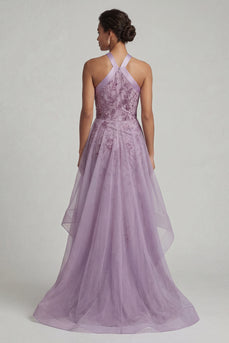 Floral Purple Long A Line Mother of the Bride Dress with Ruffles
