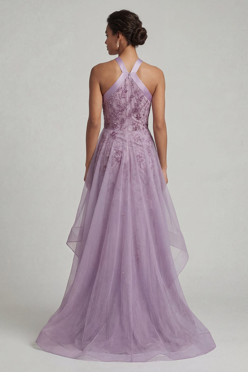 Load image into Gallery viewer, Floral Purple Long A Line Mother of the Bride Dress with Ruffles