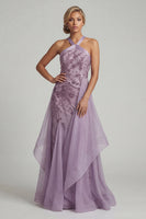 Load image into Gallery viewer, Floral Purple Long A Line Mother of the Bride Dress with Ruffles