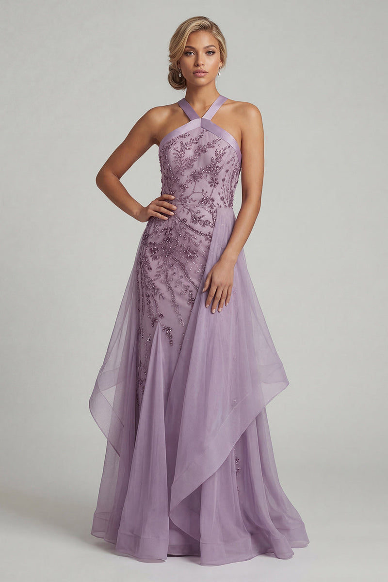 Load image into Gallery viewer, Floral Purple Long A Line Mother of the Bride Dress with Ruffles