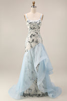 Load image into Gallery viewer, Sparkly Long Sequin Mermaid Floral Light Blue Mother of the Bride Dress with Ruffles
