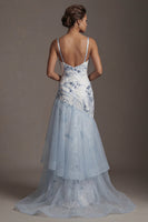 Load image into Gallery viewer, Sparkly Long Sequin Mermaid Floral Light Blue Mother of the Bride Dress with Ruffles