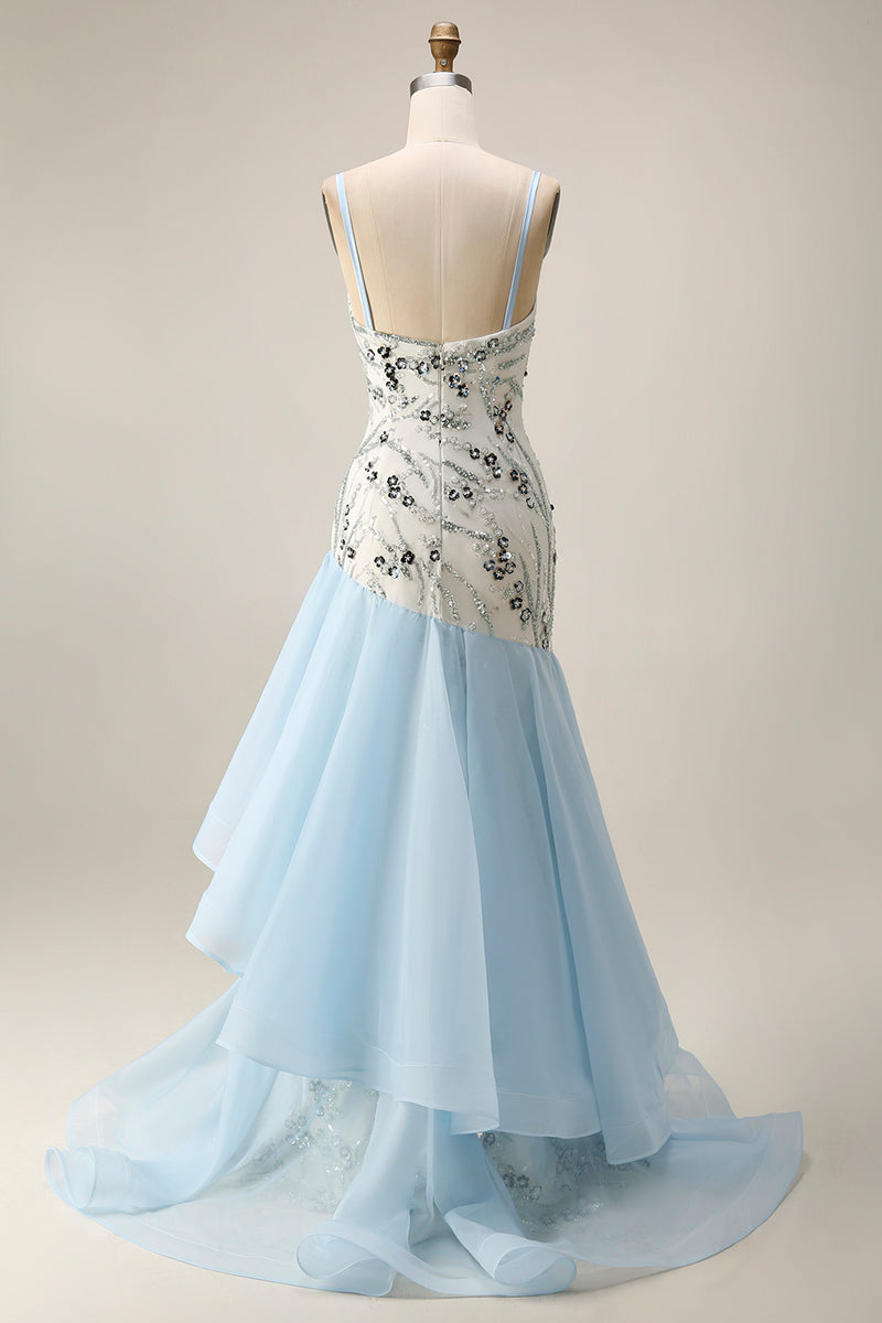 Load image into Gallery viewer, Sparkly Long Sequin Mermaid Floral Light Blue Mother of the Bride Dress with Ruffles