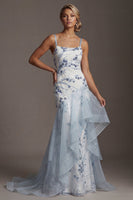 Load image into Gallery viewer, Sparkly Long Sequin Mermaid Floral Light Blue Mother of the Bride Dress with Ruffles