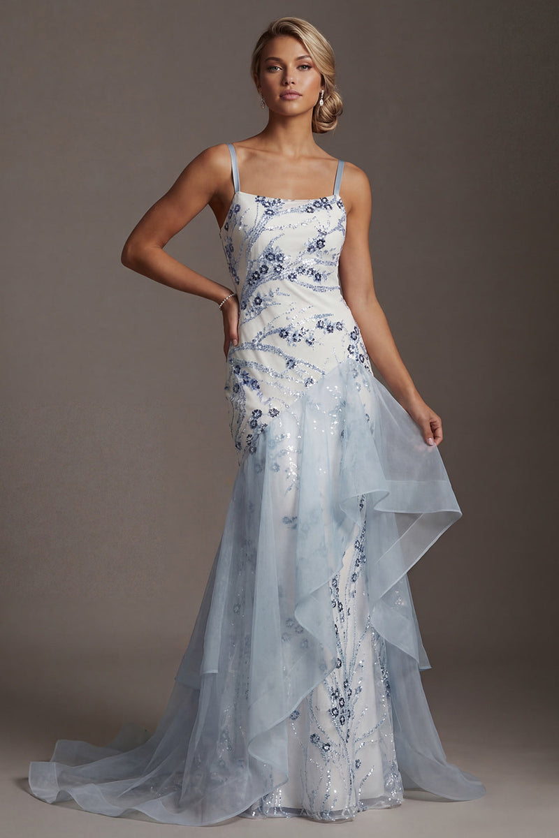 Load image into Gallery viewer, Sparkly Long Sequin Mermaid Floral Light Blue Mother of the Bride Dress with Ruffles