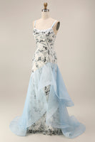Load image into Gallery viewer, Sparkly Long Sequin Mermaid Floral Light Blue Mother of the Bride Dress with Ruffles