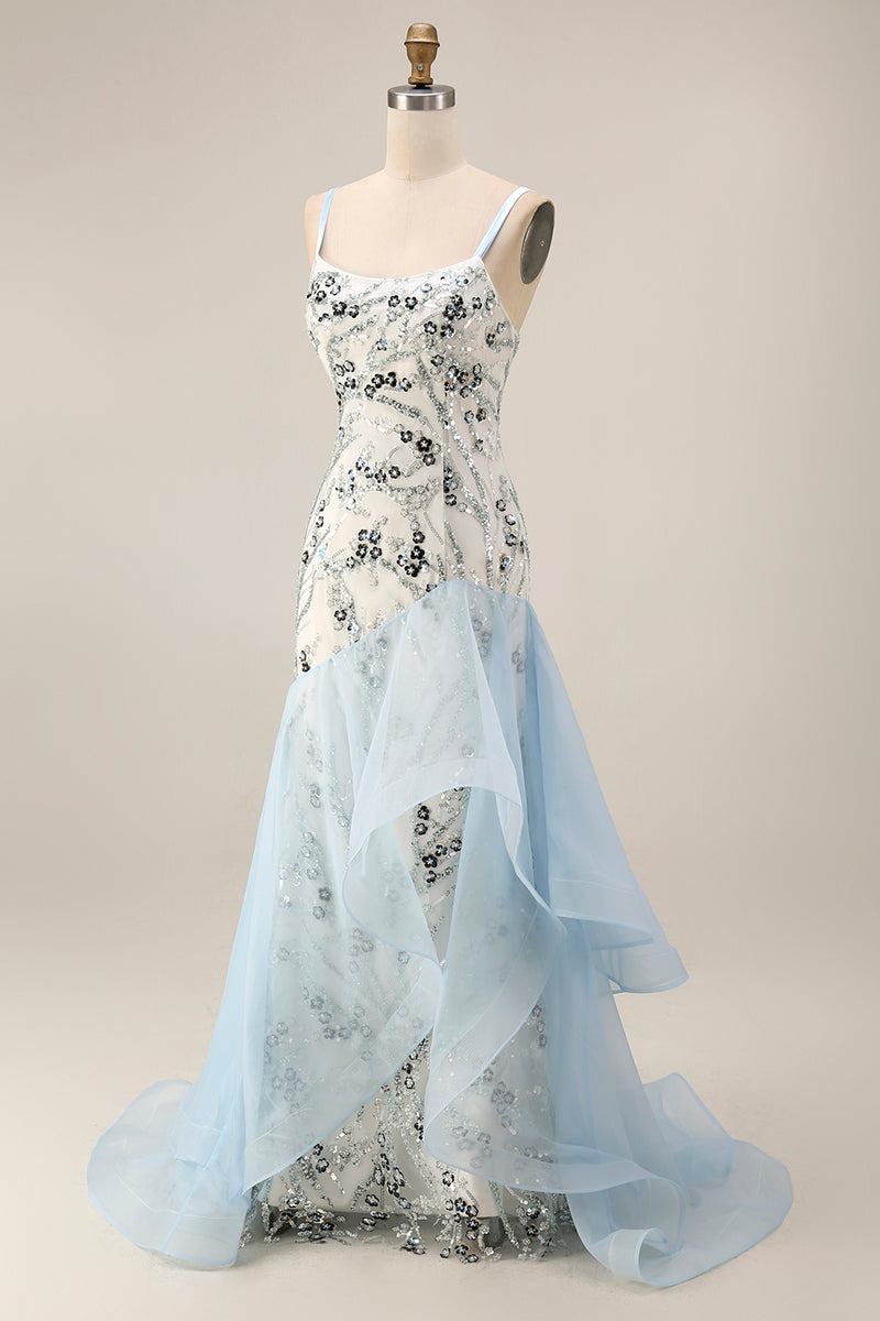 Load image into Gallery viewer, Sparkly Long Sequin Mermaid Floral Light Blue Mother of the Bride Dress with Ruffles