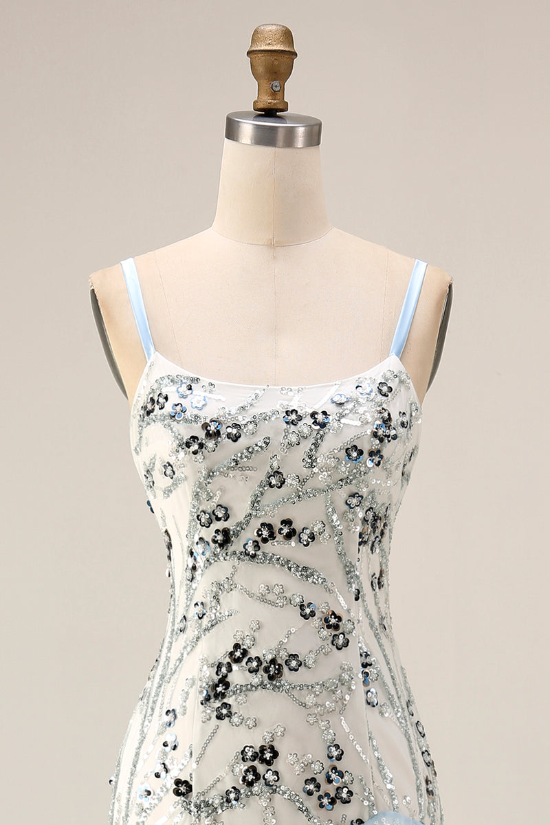 Load image into Gallery viewer, Sparkly Long Sequin Mermaid Floral Light Blue Mother of the Bride Dress with Ruffles