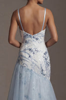 Load image into Gallery viewer, Sparkly Long Sequin Mermaid Floral Light Blue Mother of the Bride Dress with Ruffles