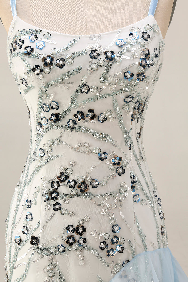 Load image into Gallery viewer, Sparkly Long Sequin Mermaid Floral Light Blue Mother of the Bride Dress with Ruffles