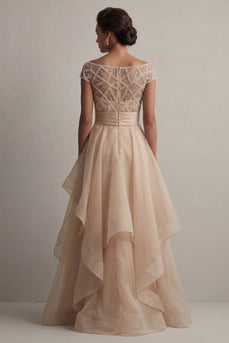Blush Beaded A Line Long Mother of the Bride Dress with Ruffles