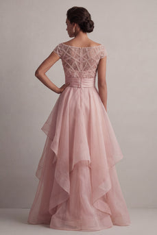 Blush Beaded A Line Long Mother of the Bride Dress with Ruffles
