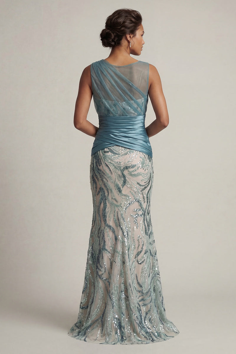 Load image into Gallery viewer, Sparkly Sequins Lake Blue Long Ruched Mermaid Evening Dress