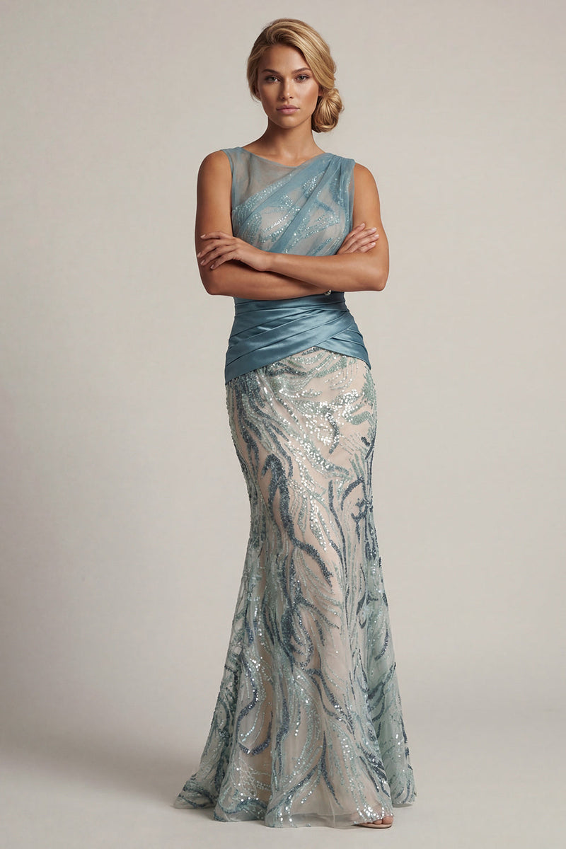 Load image into Gallery viewer, Sparkly Sequins Lake Blue Long Ruched Mermaid Evening Dress